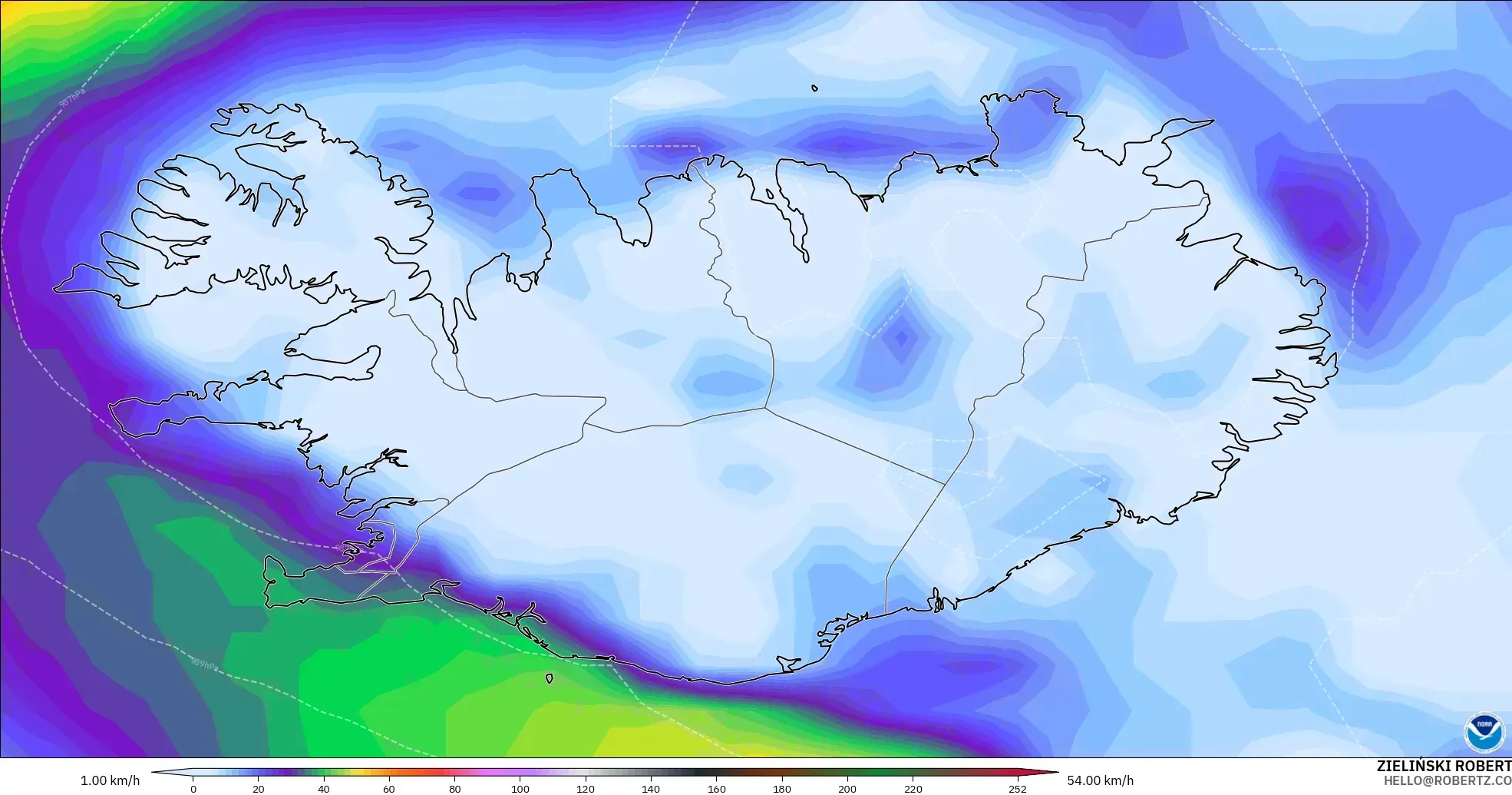 GFS modelo - Islandia, Ráfagas de viento