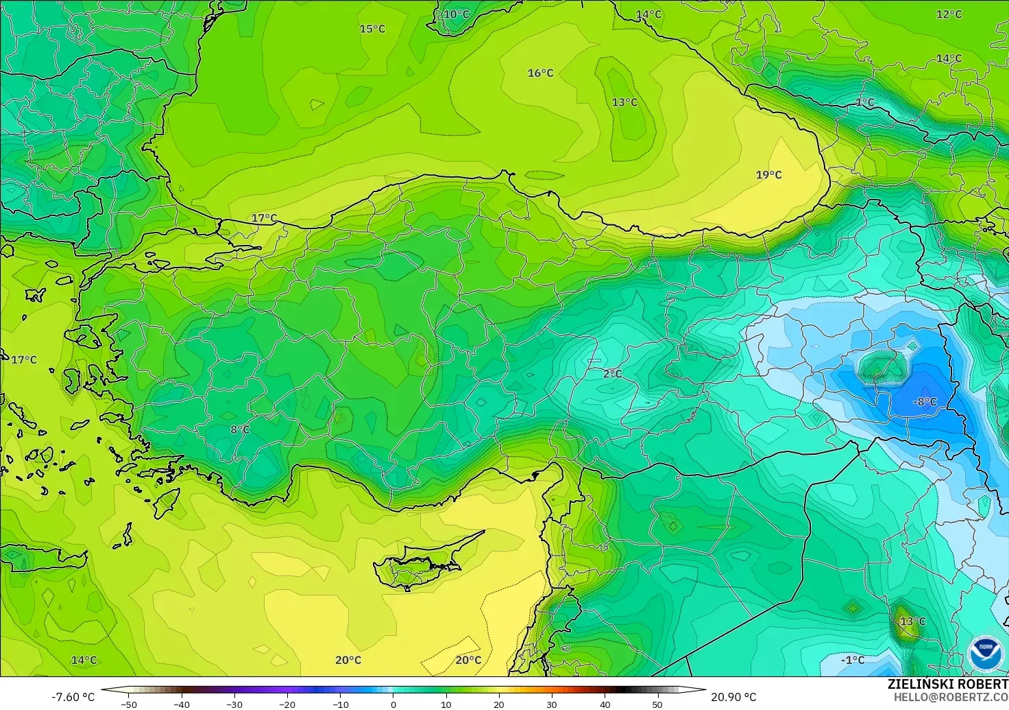 GFS modelo - Turquía, Punto de rocío a 2 m