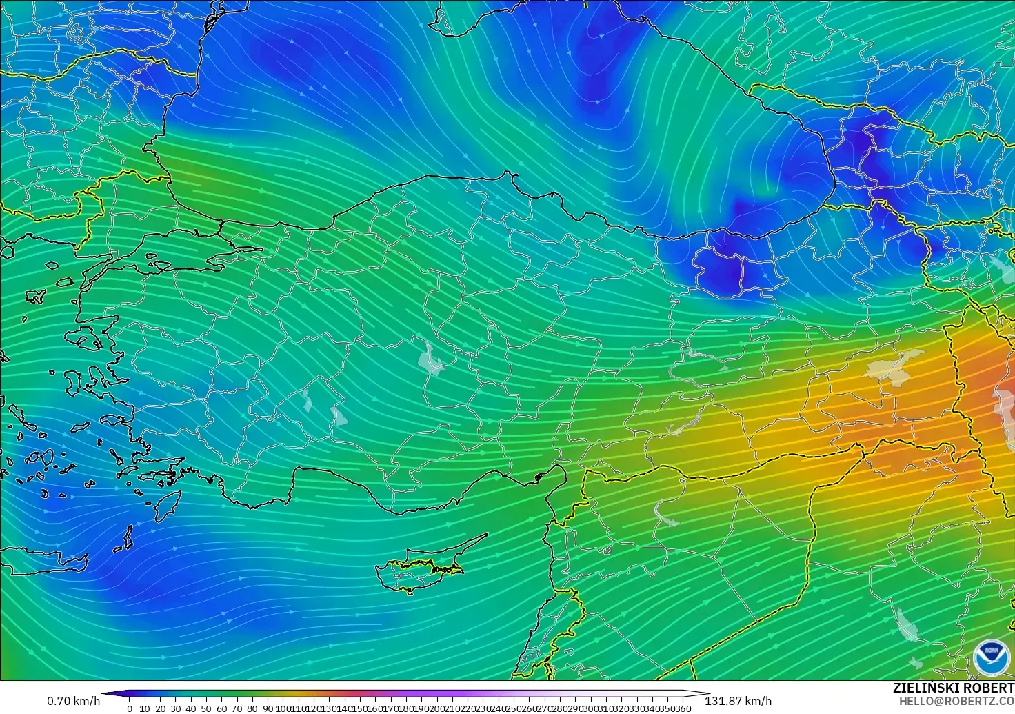 GFS modelo - Turquía, Viento a 300 hPa (corriente en chorro)