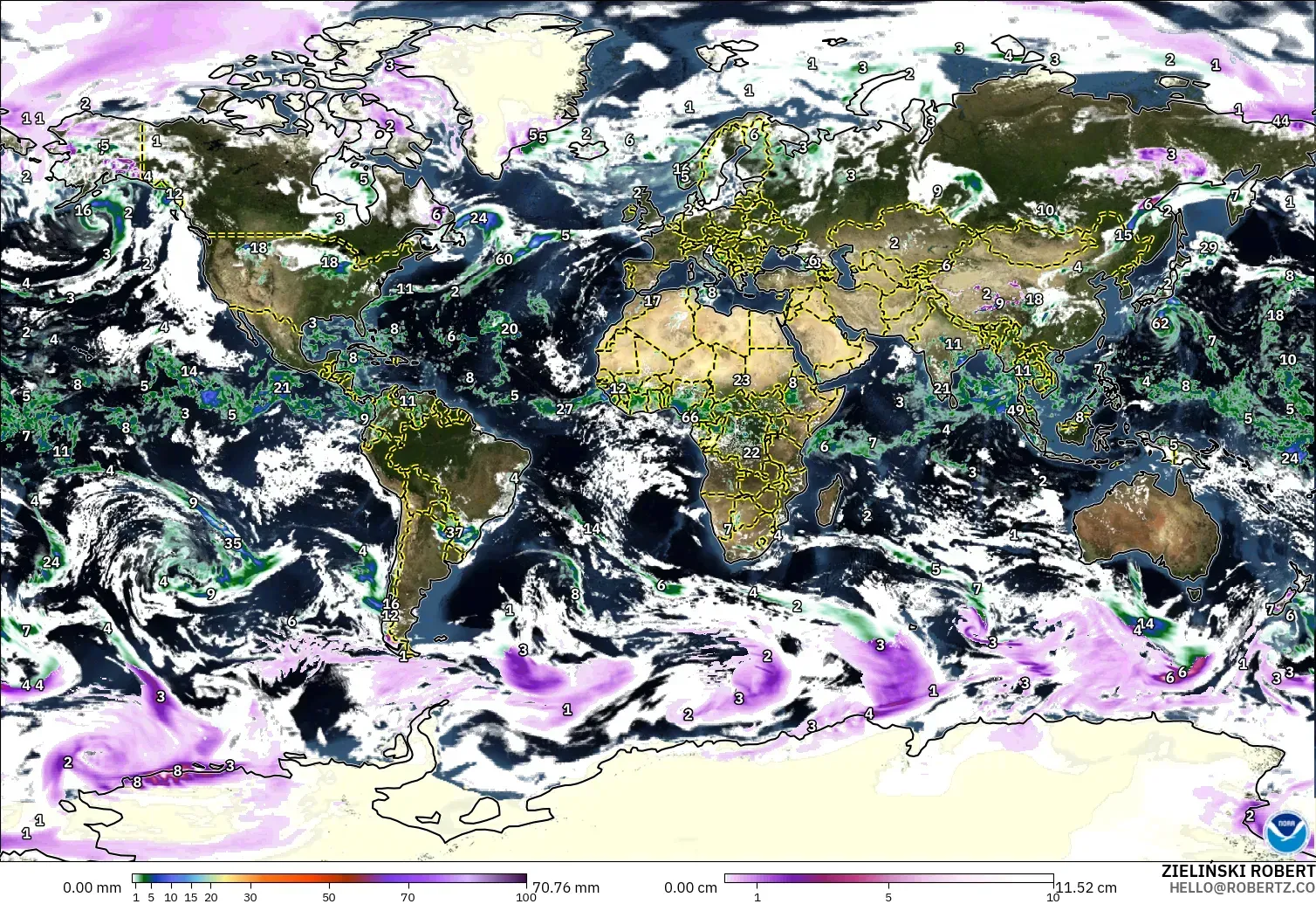 GFS modelo - Mundo, Precipitación, nubes y presión