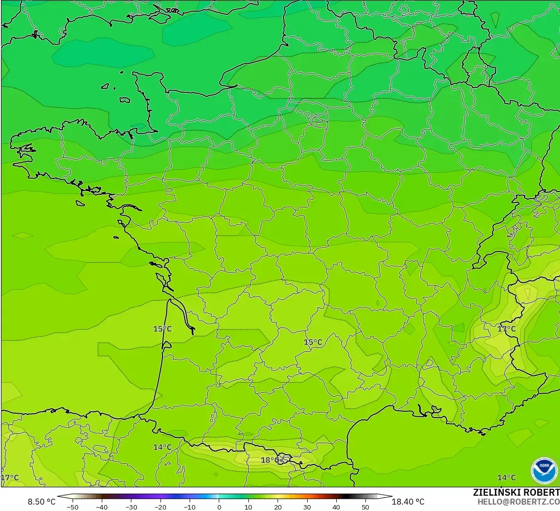 GFS modelo - Francia, Temperatura a 850 hPa