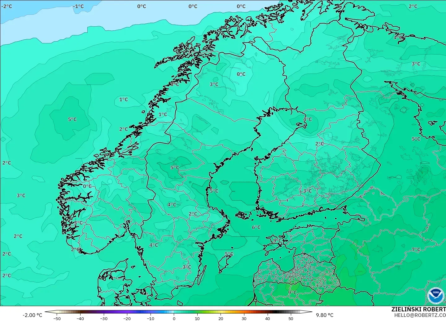 GFS modelo - Escandinavia, Temperatura a 850 hPa