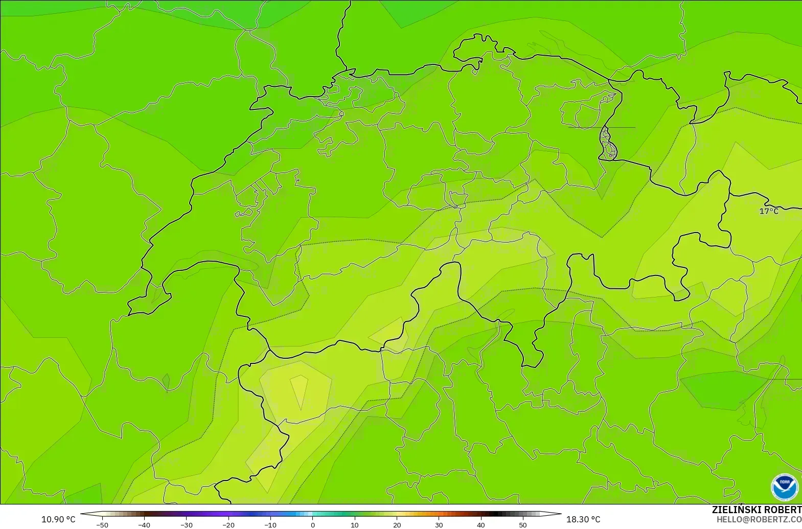 GFS modelo - Suiza, Temperatura a 850 hPa