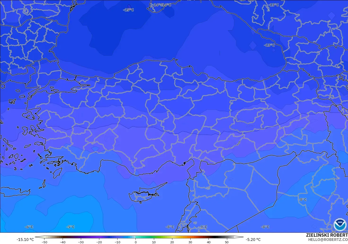 GFS modelo - Turquía, Temperatura a 500 hPa