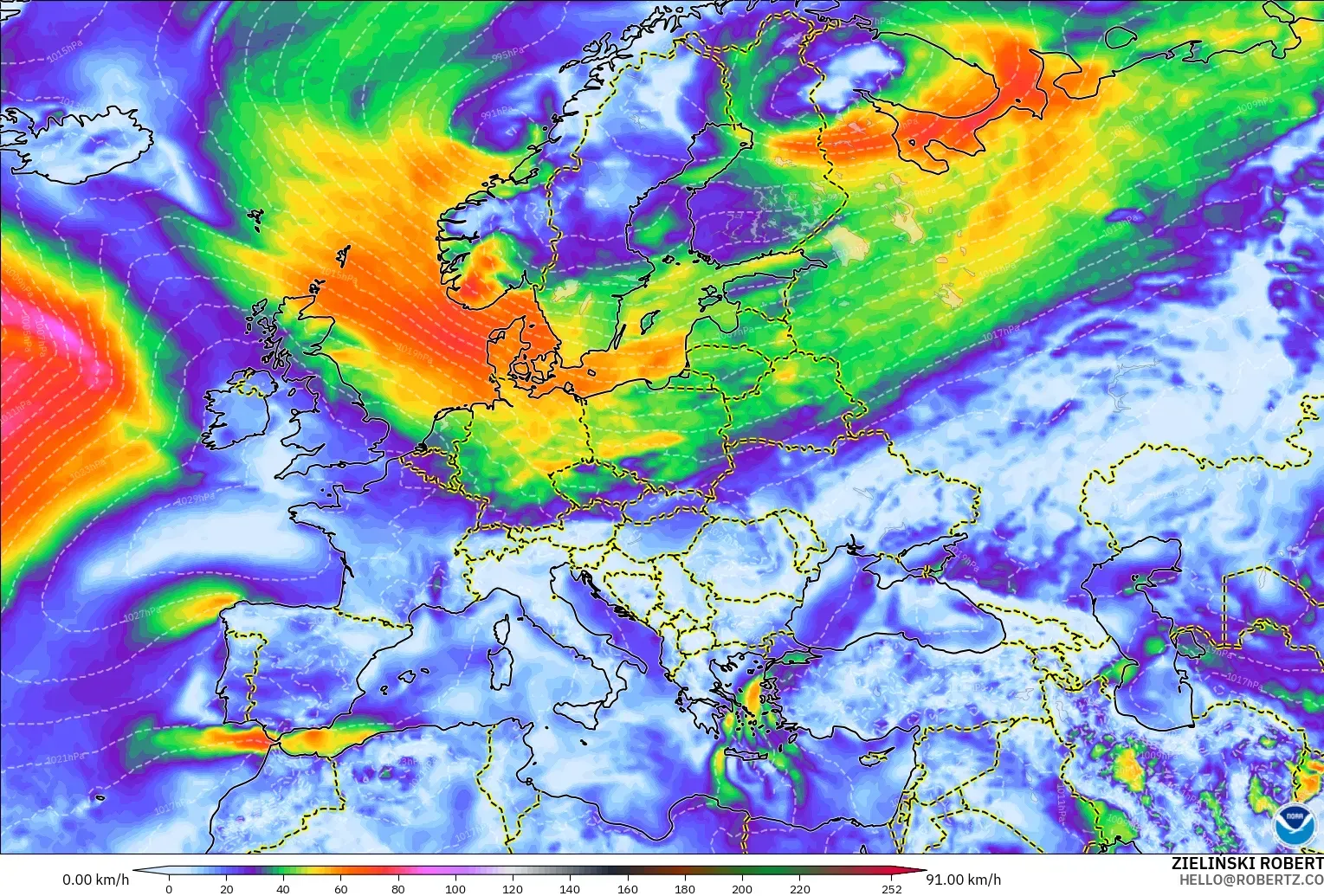 GFS modelo - Europa, Ráfagas de viento