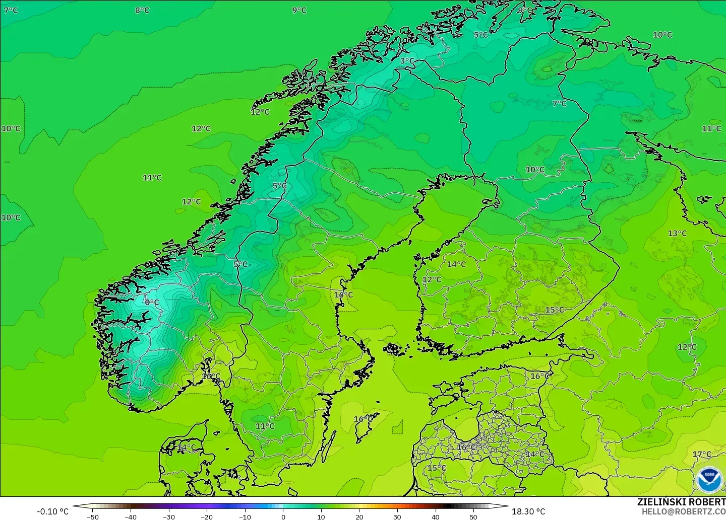GFS modelo - Escandinavia, Temperatura a 2 m