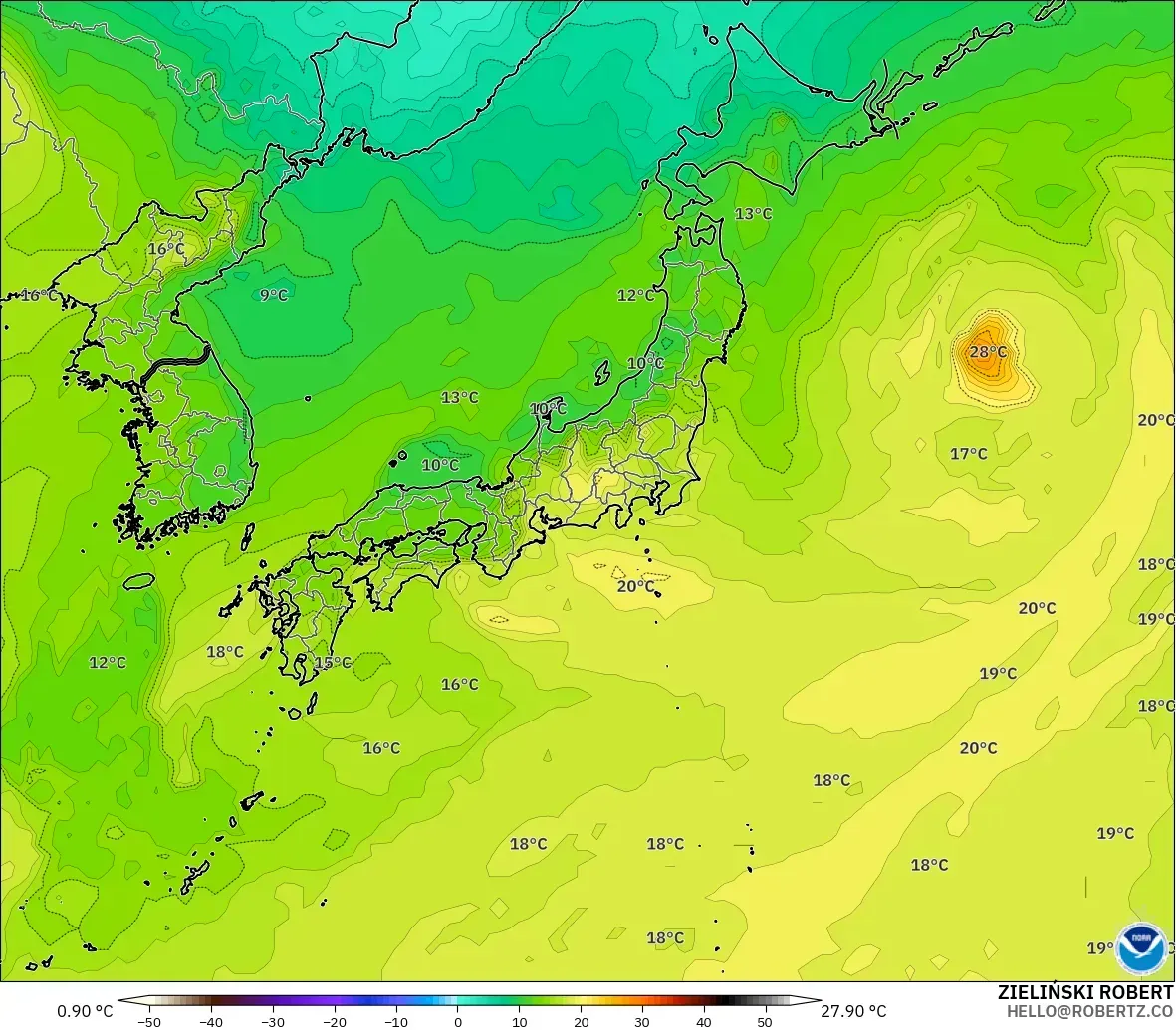GFS modelo - Japón, Temperatura a 850 hPa