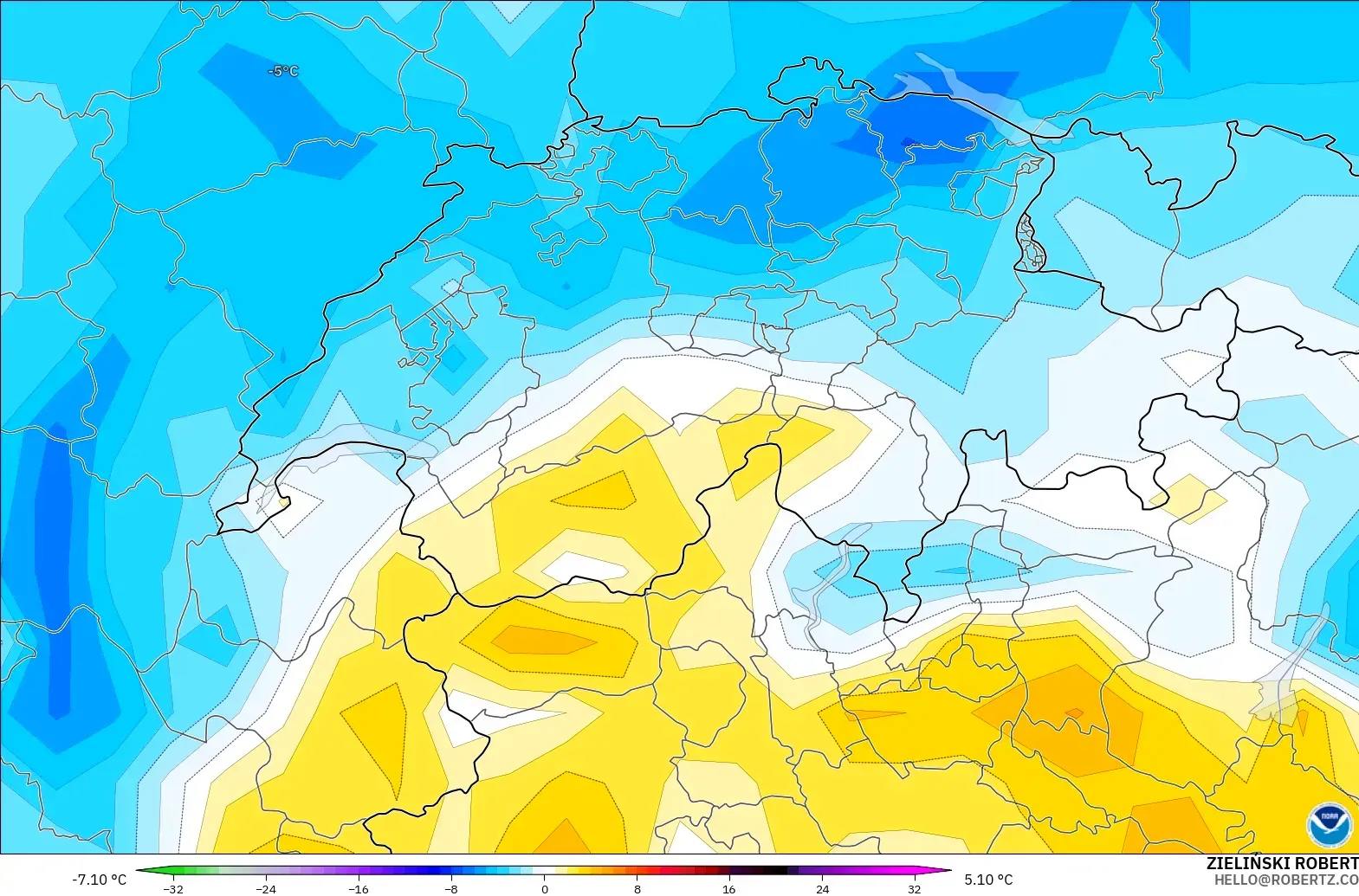 GFS modelo - Suiza, Anomalía de temperatura a 2 m