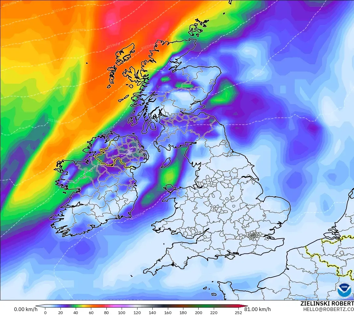 GFS modelo - Reino Unido, Ráfagas de viento