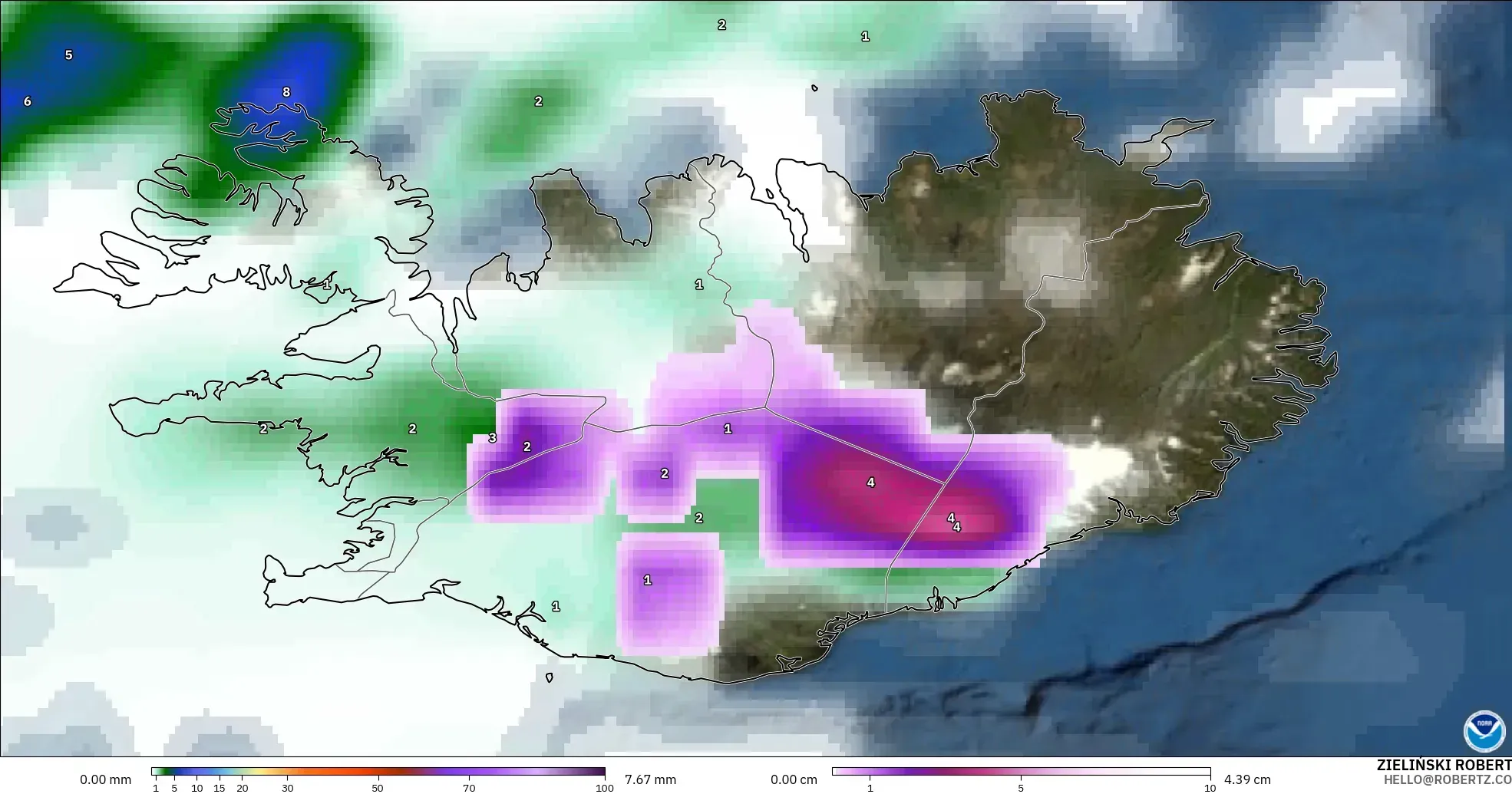 GFS modelo - Islandia, Precipitación, nubes y presión