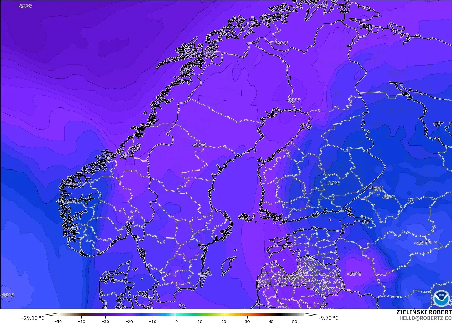 GFS modelo - Escandinavia, Temperatura a 500 hPa