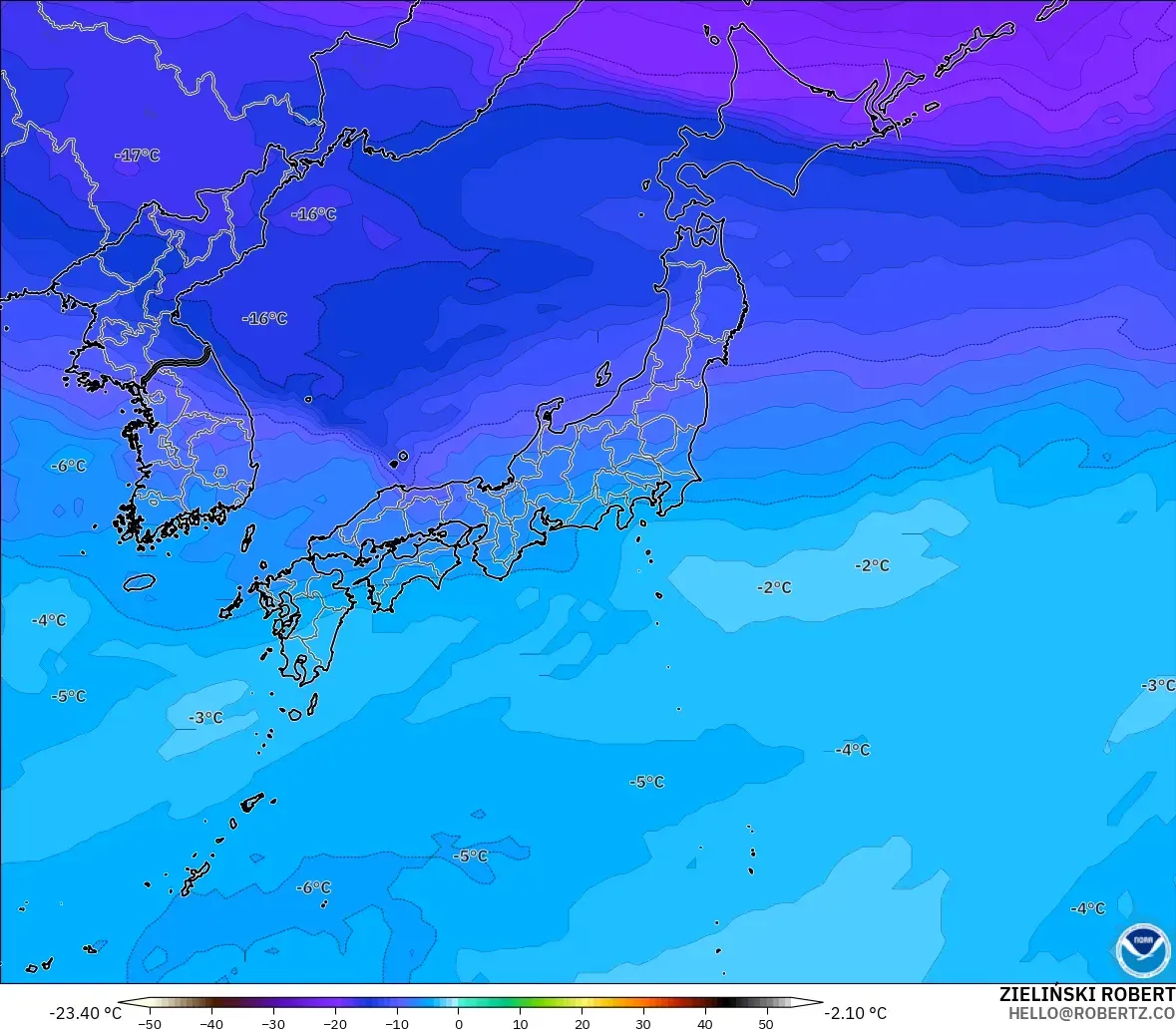 GFS modelo - Japón, Temperatura a 500 hPa
