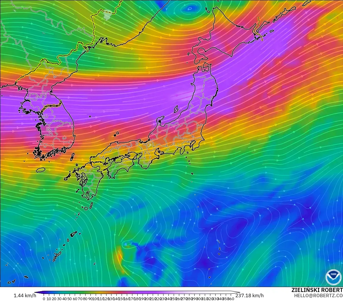 GFS modelo - Japón, Viento a 300 hPa (corriente en chorro)