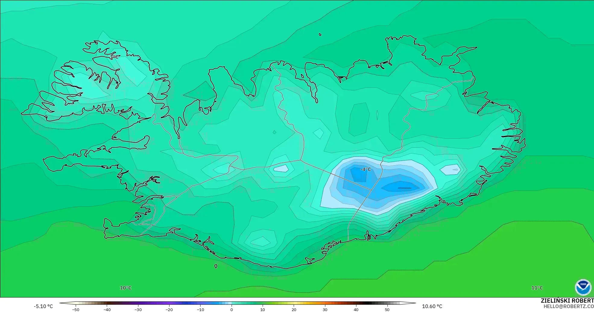 GFS modelo - Islandia, Temperatura a 2 m
