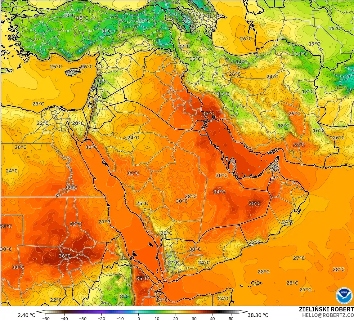 GFS modelo - Oriente Medio, Temperatura a 2 m