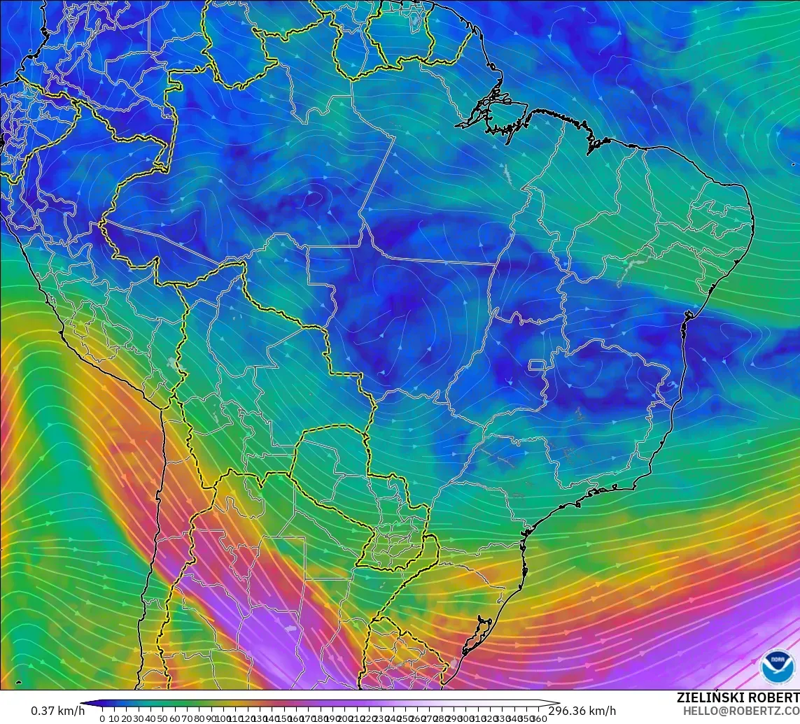 GFS modelo - Brasil, Viento a 300 hPa (corriente en chorro)