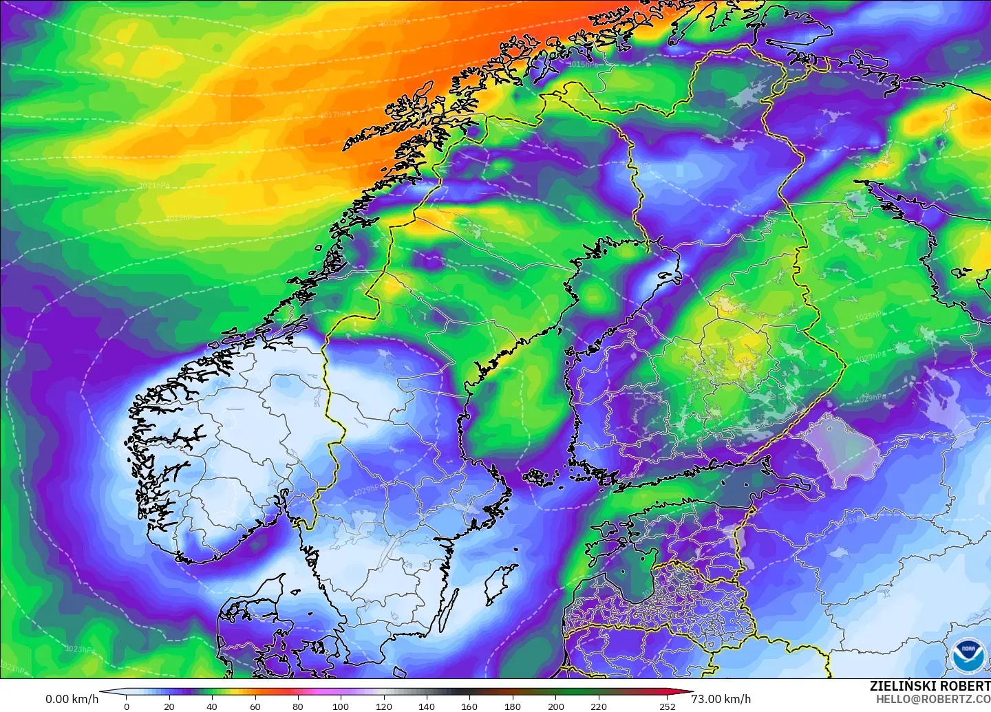 GFS modelo - Escandinavia, Ráfagas de viento