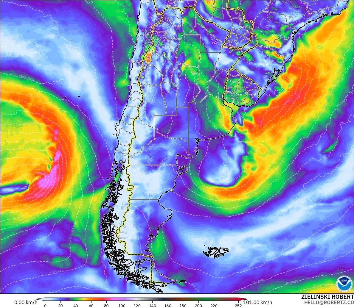 GFS modelo - Argentina, Ráfagas de Viento Máximas
