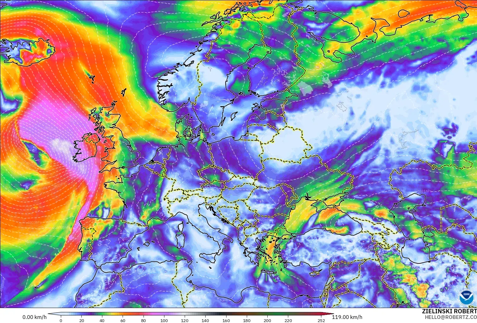 GFS modelo - Europa, Ráfagas de Viento Máximas