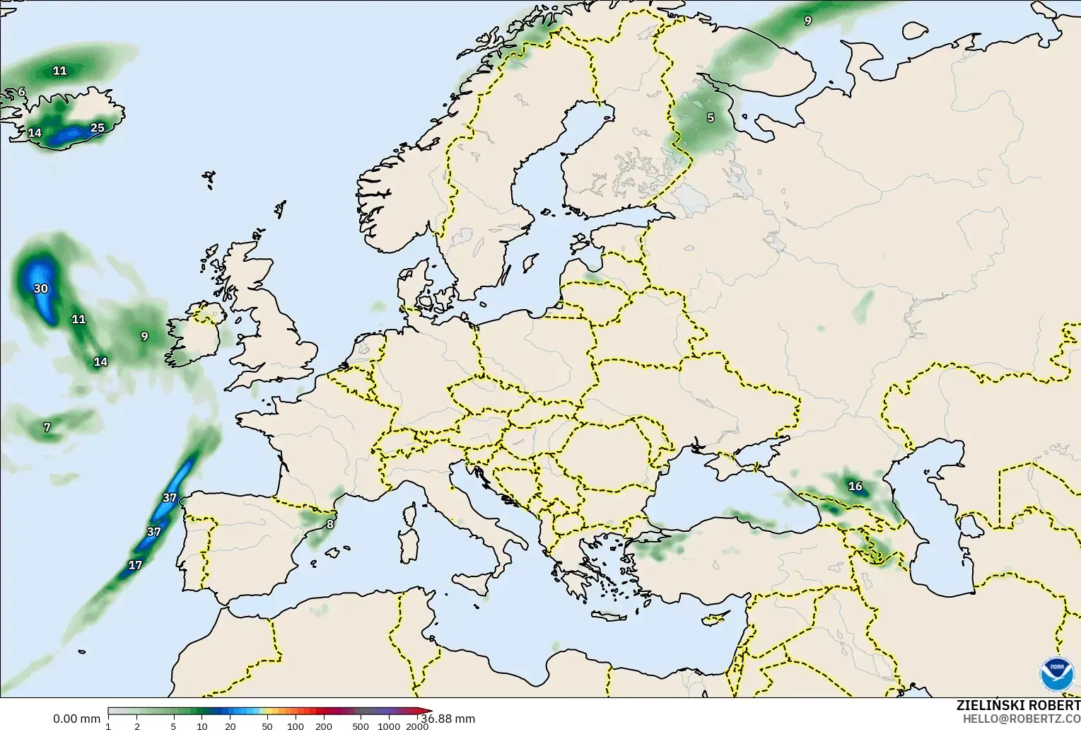 GFS modelo - Europa, Acumulación de precipitación