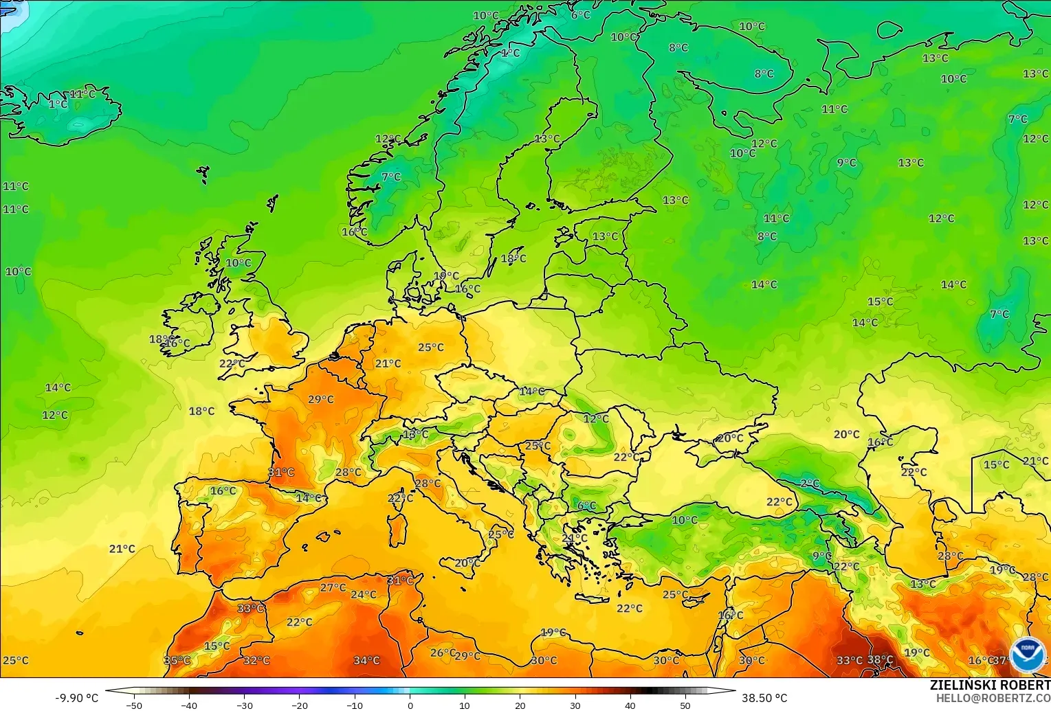 GFS modelo - Europa, Temperatura a 2 m