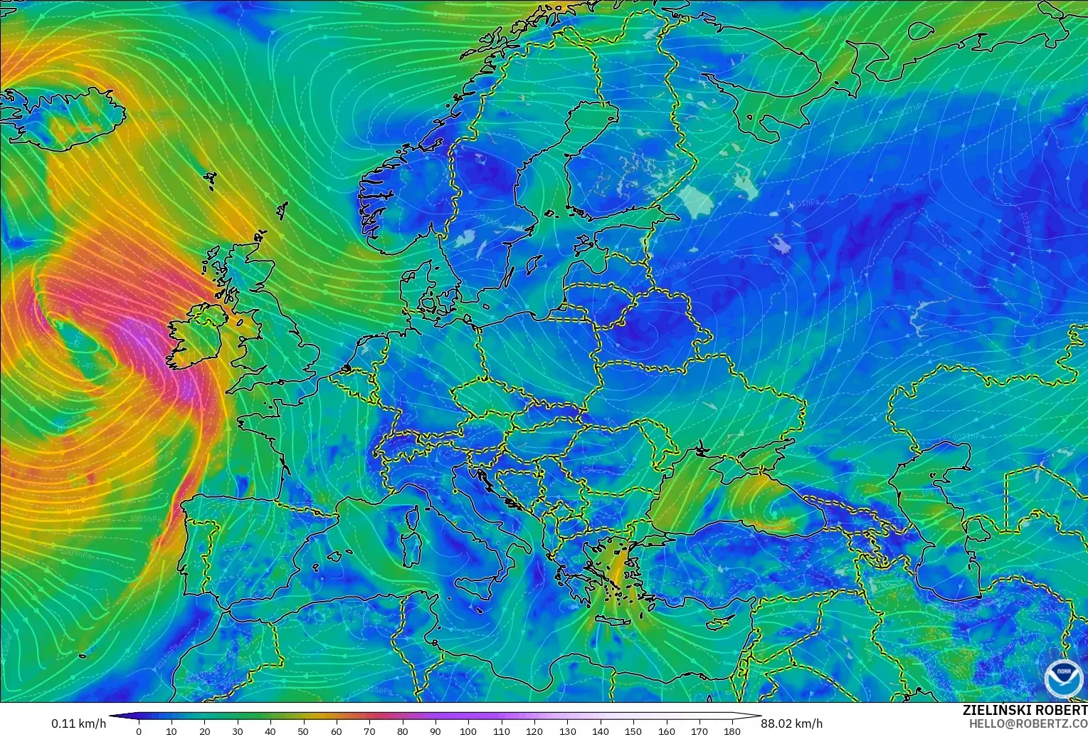 GFS modelo - Europa, Viento a 10 m
