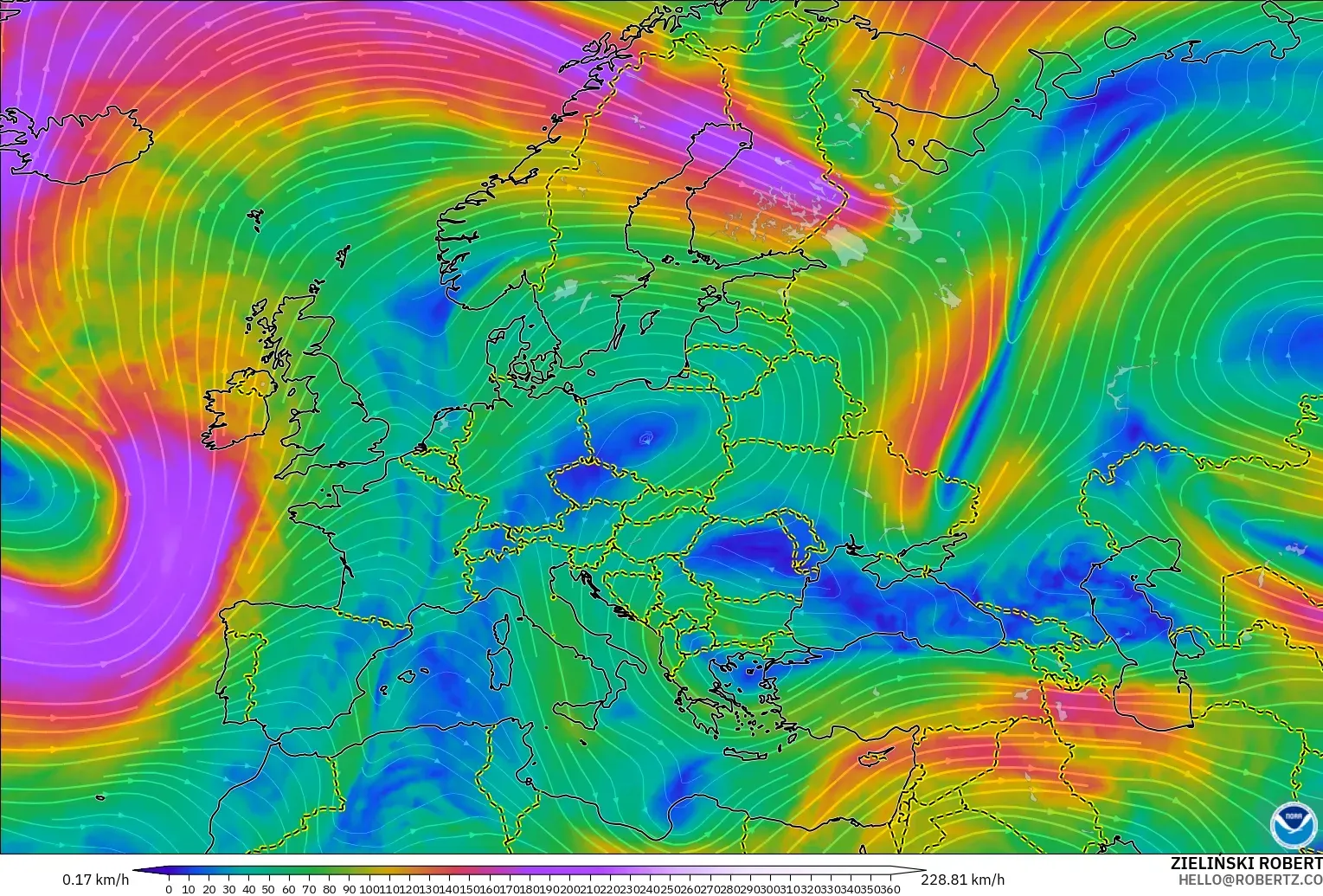 GFS modelo - Europa, Viento a 300 hPa (corriente en chorro)
