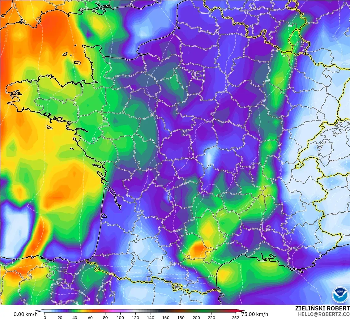 GFS modelo - Francia, Ráfagas de Viento Máximas