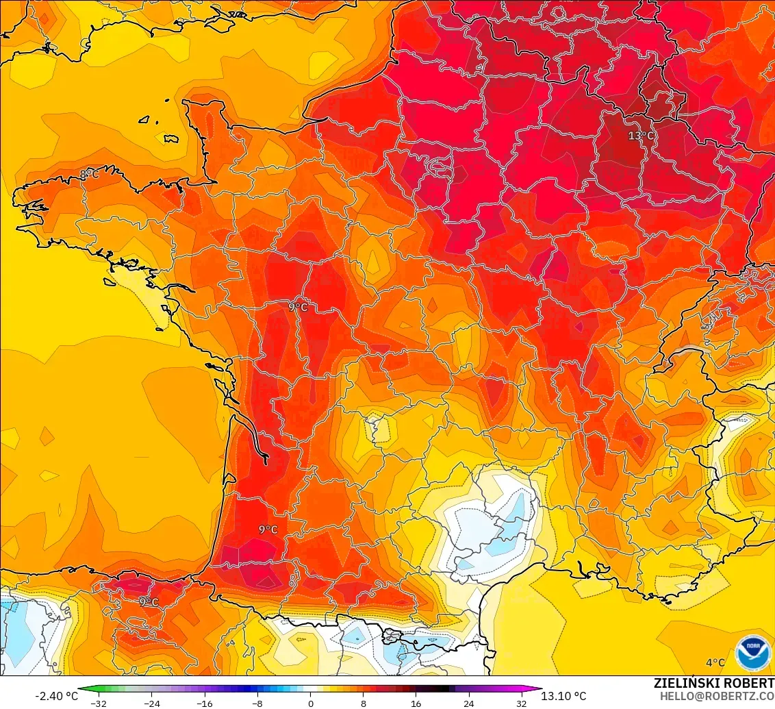 GFS modelo - Francia, Anomalía de temperatura a 2 m