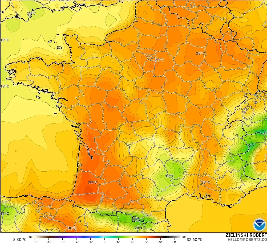 GFS modelo - Francia, Temperatura a 2 m