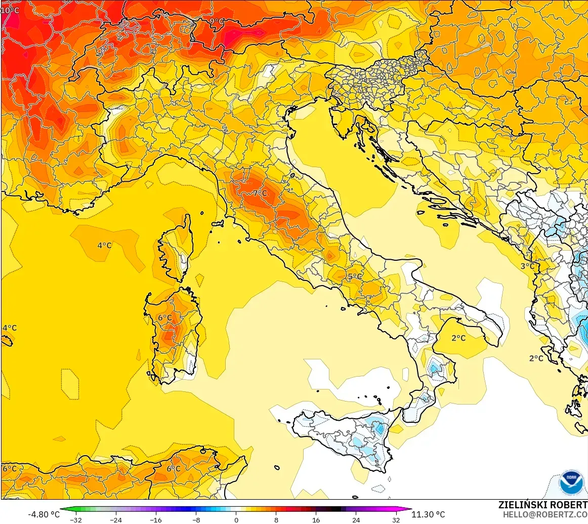 GFS modelo - Italia, Anomalía de temperatura a 2 m
