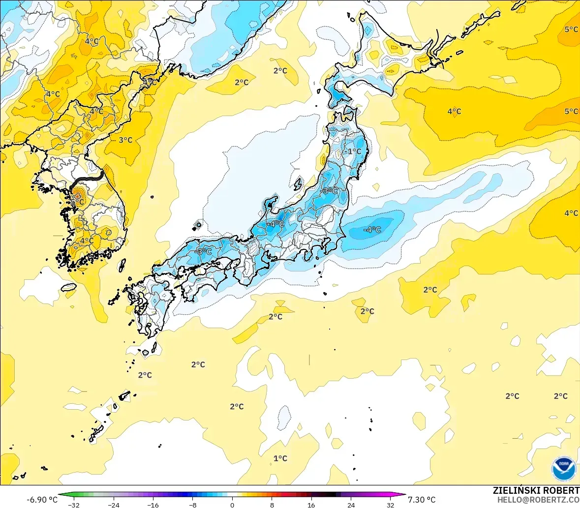 GFS modelo - Japón, Anomalía de temperatura a 2 m