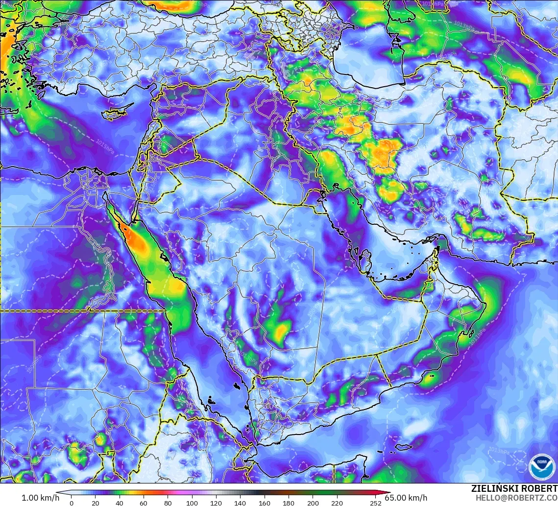 GFS modelo - Oriente Medio, Ráfagas de viento