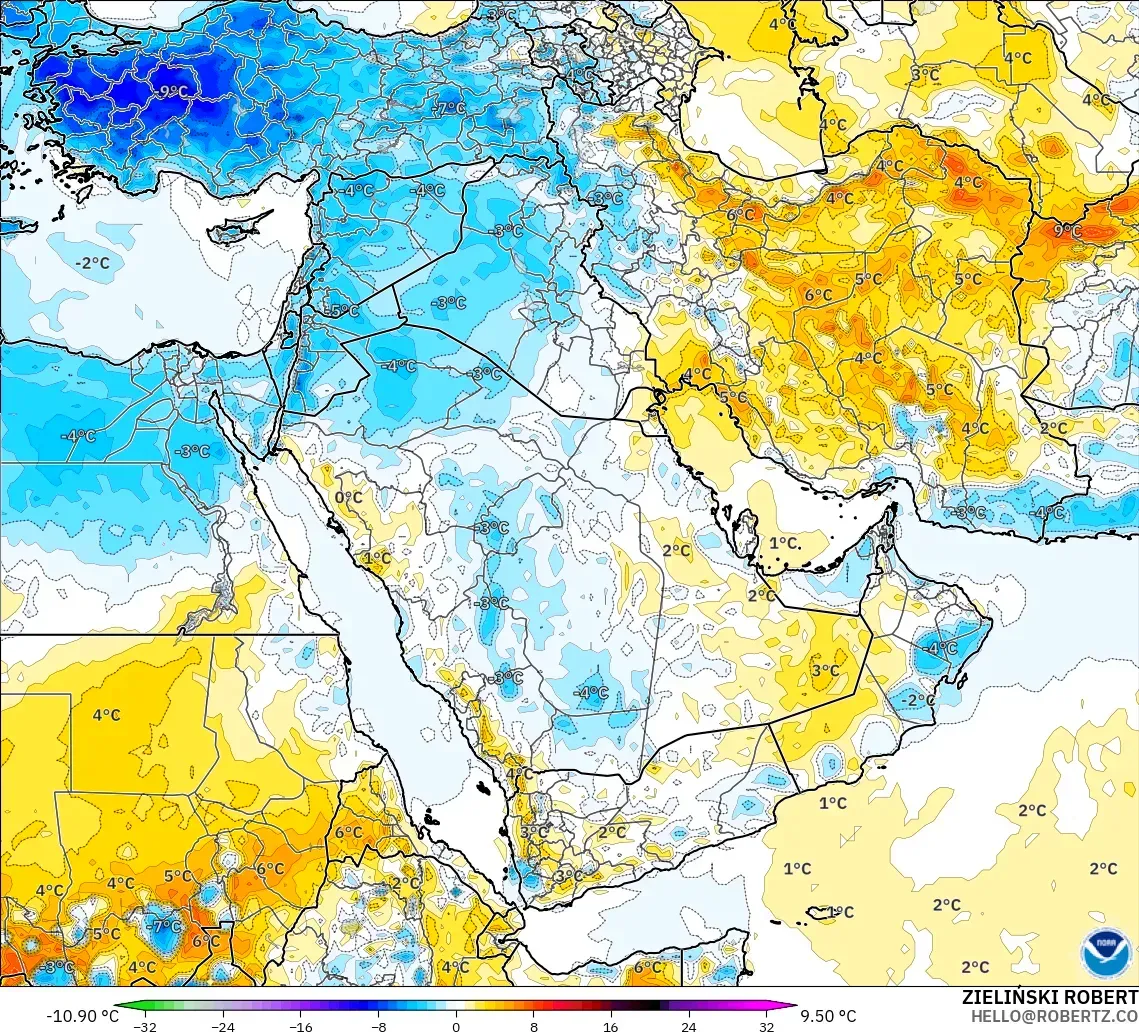 GFS modelo - Oriente Medio, Anomalía de temperatura a 2 m