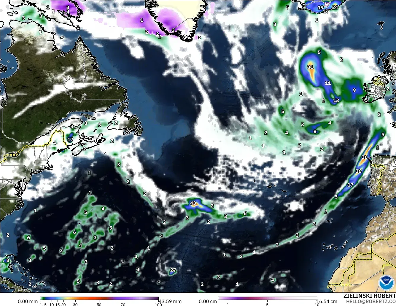 GFS modelo - Norte Atlántico, Precipitación, nubes y presión