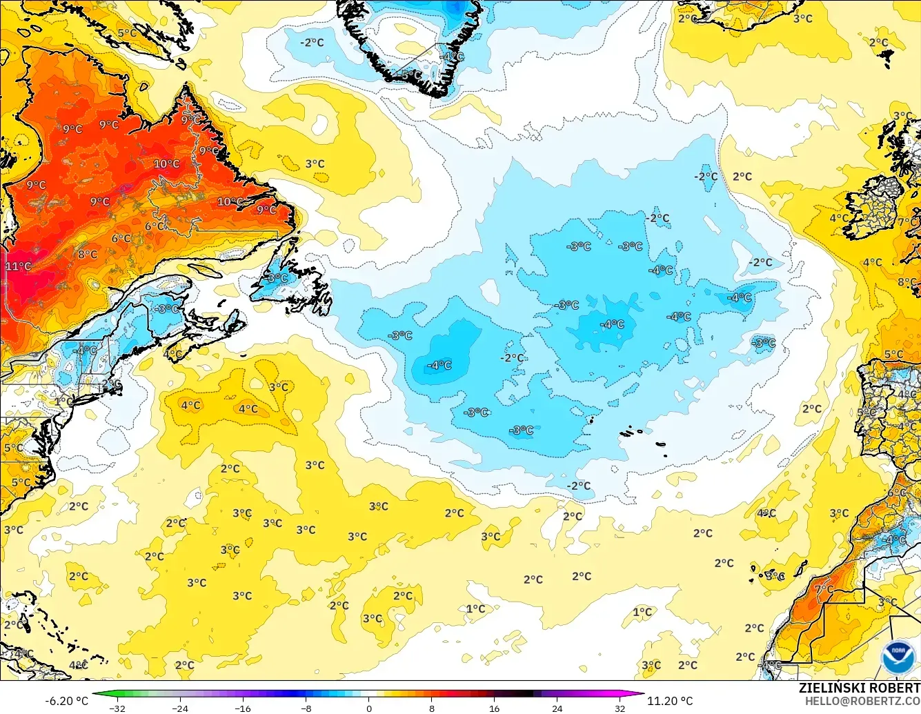 GFS modelo - Norte Atlántico, Anomalía de temperatura a 2 m