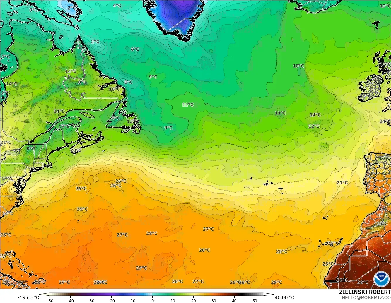 GFS modelo - Norte Atlántico, Temperatura a 2 m