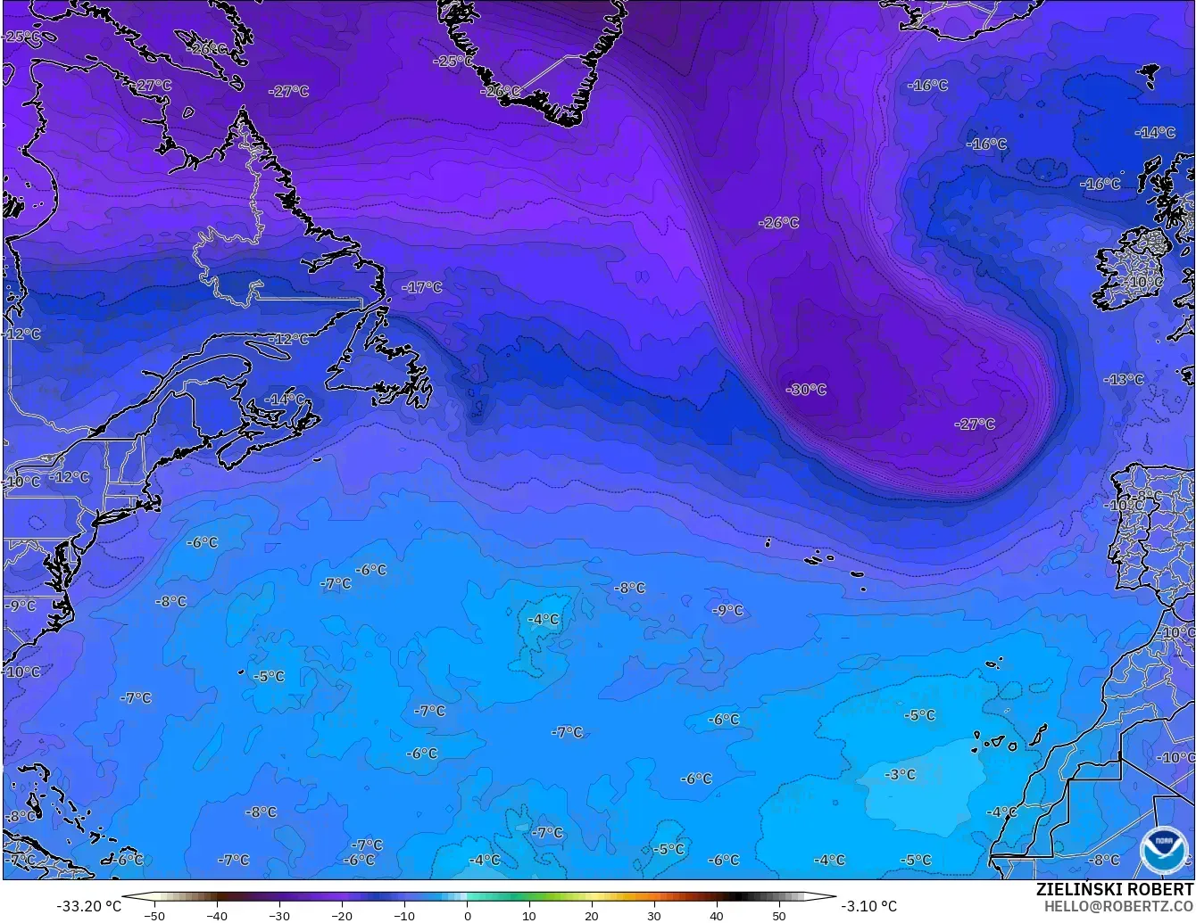 GFS modelo - Norte Atlántico, Temperatura a 500 hPa