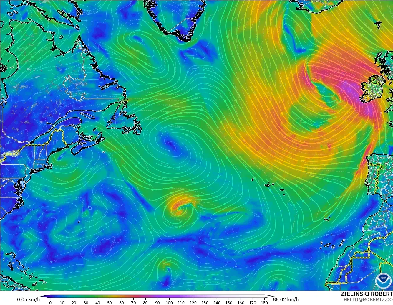 GFS modelo - Norte Atlántico, Viento a 10 m
