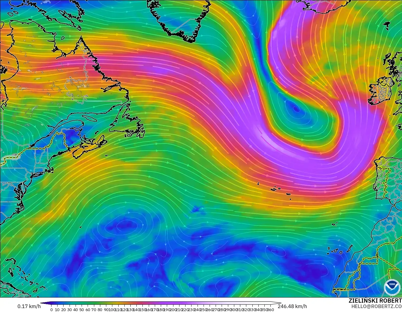 GFS modelo - Norte Atlántico, Viento a 300 hPa (corriente en chorro)