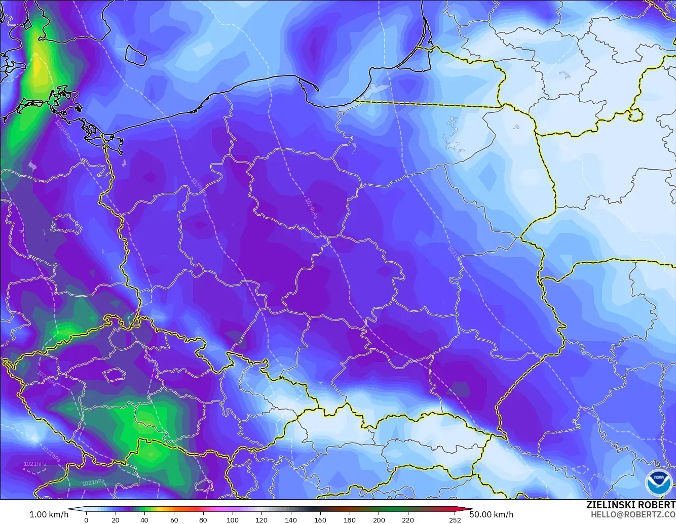GFS modelo - Polonia, Ráfagas de Viento Máximas