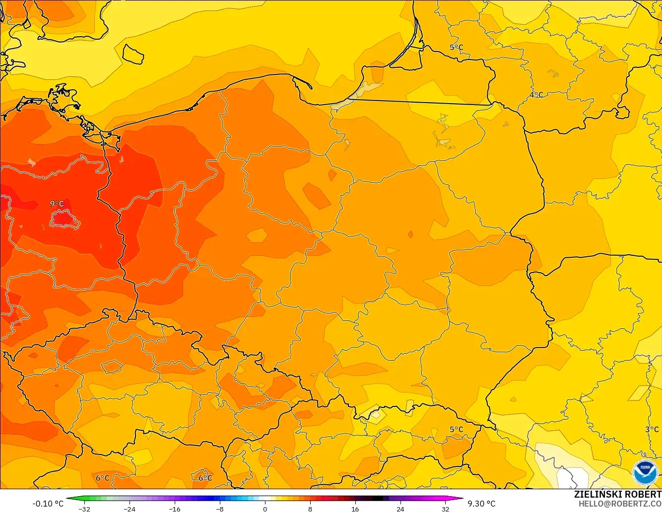 GFS modelo - Polonia, Anomalía de temperatura a 2 m