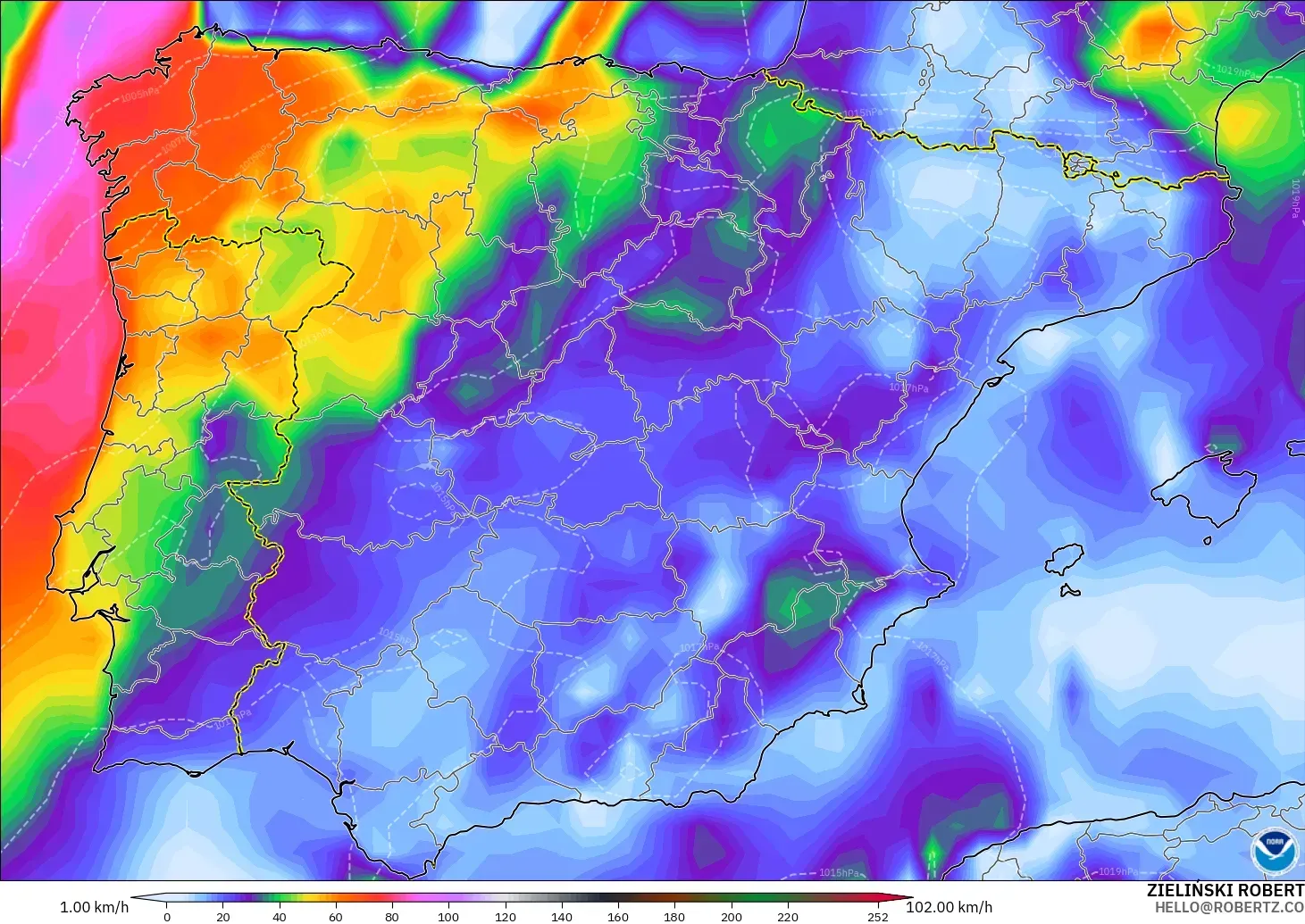 GFS modelo - España, Ráfagas de Viento Máximas