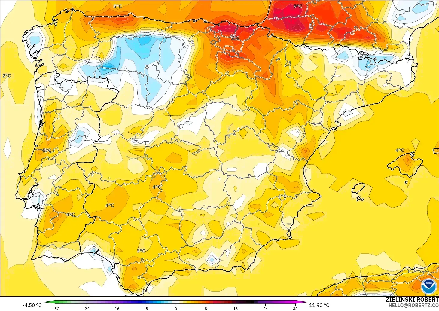 GFS modelo - España, Anomalía de temperatura a 2 m