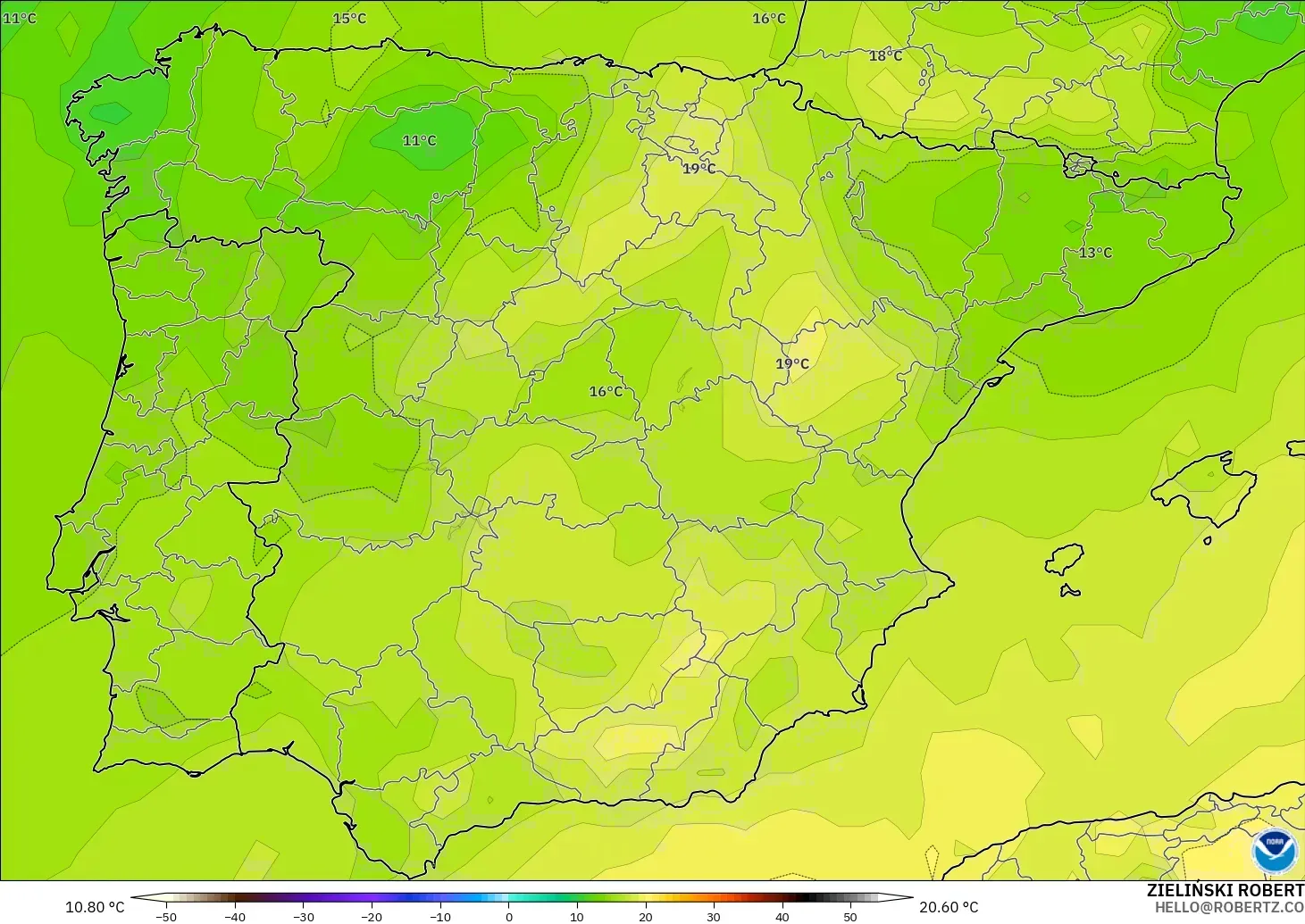 GFS modelo - España, Temperatura a 850 hPa