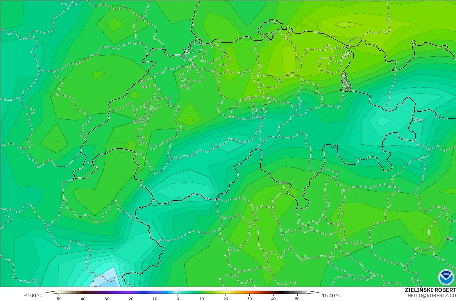 GFS modelo - Suiza, Punto de rocío a 2 m