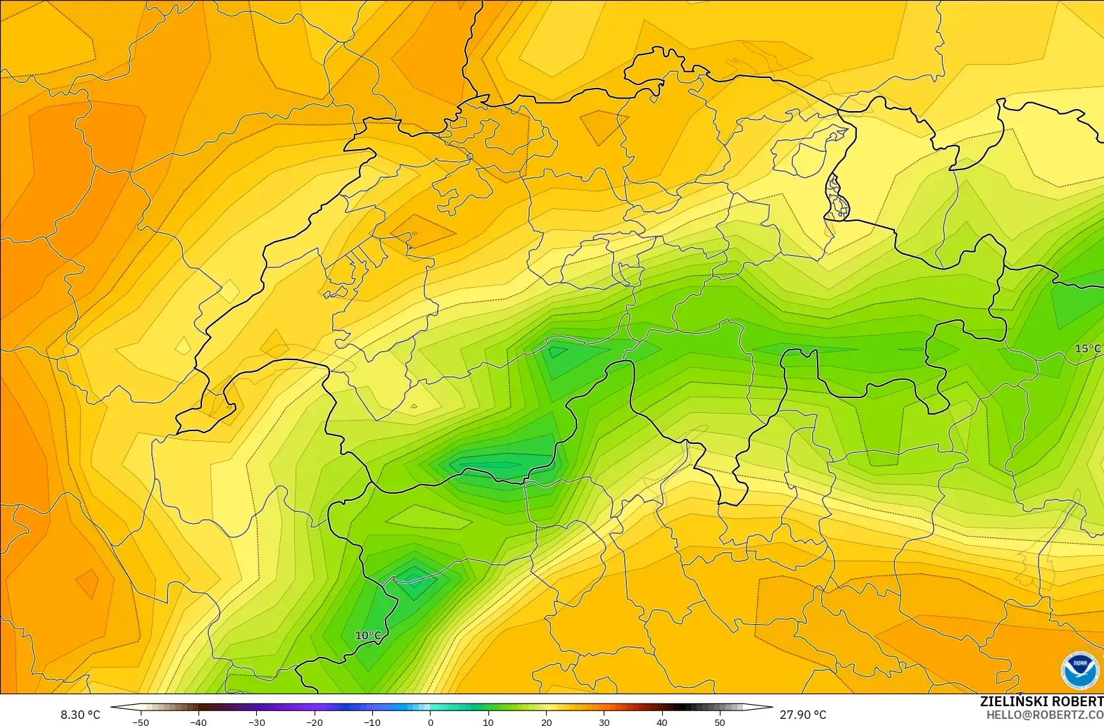 GFS modelo - Suiza, Temperatura a 2 m