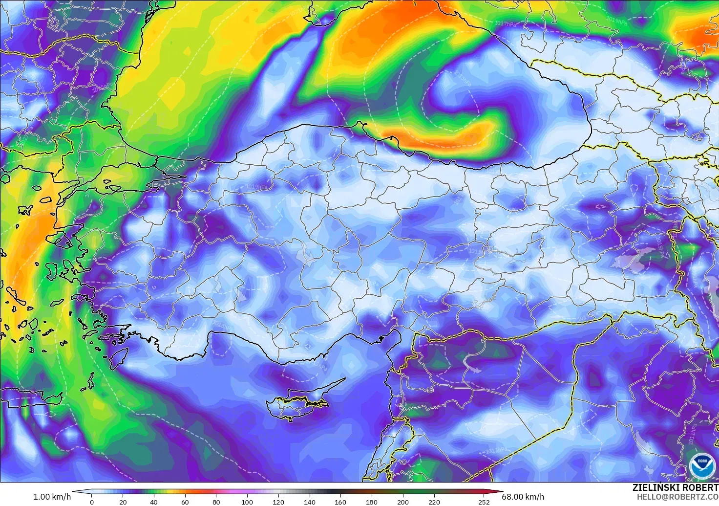 GFS modelo - Turquía, Ráfagas de Viento Máximas