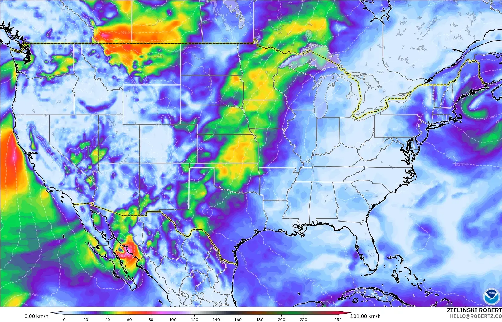 GFS modelo - Estados Unidos, Ráfagas de Viento Máximas