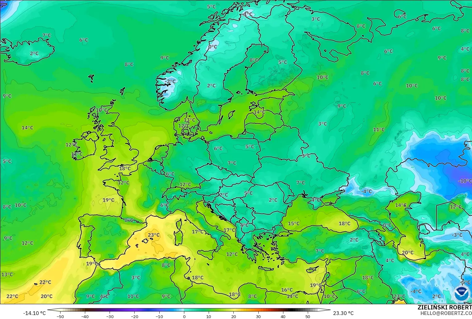 GFS modelo - Europa, Punto de rocío a 2 m